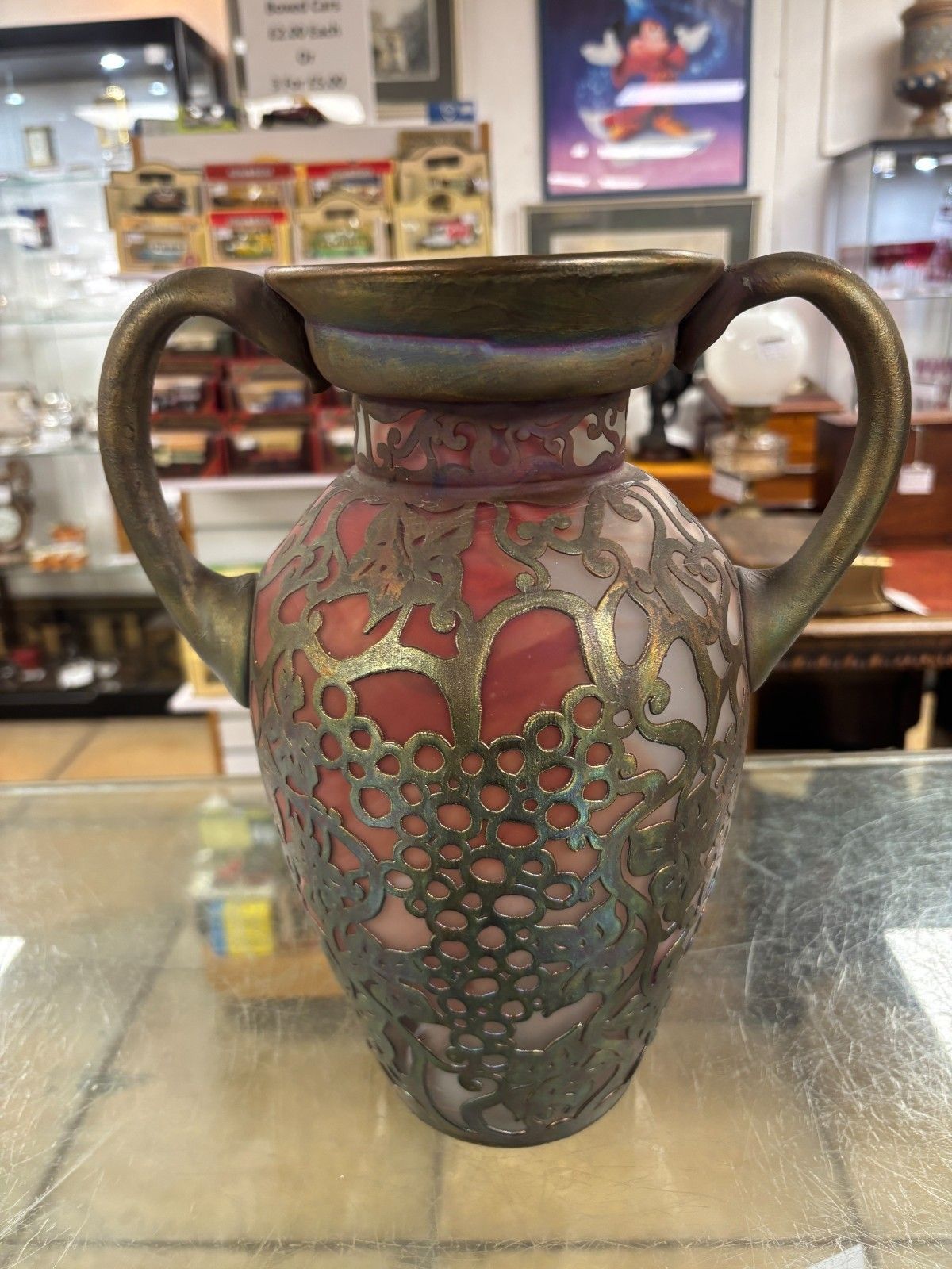 Pair Of Antique Ama Romanian Copper Over Art Glass Vases/ Urns photo Home Decor