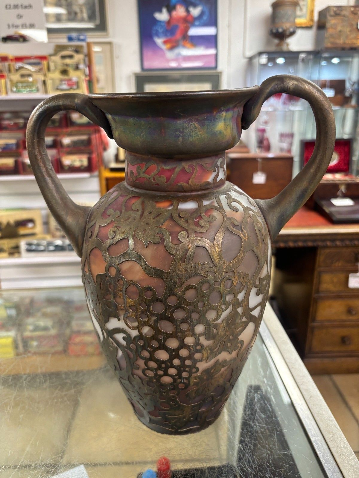 Pair Of Antique Ama Romanian Copper Over Art Glass Vases/ Urns photo vintage