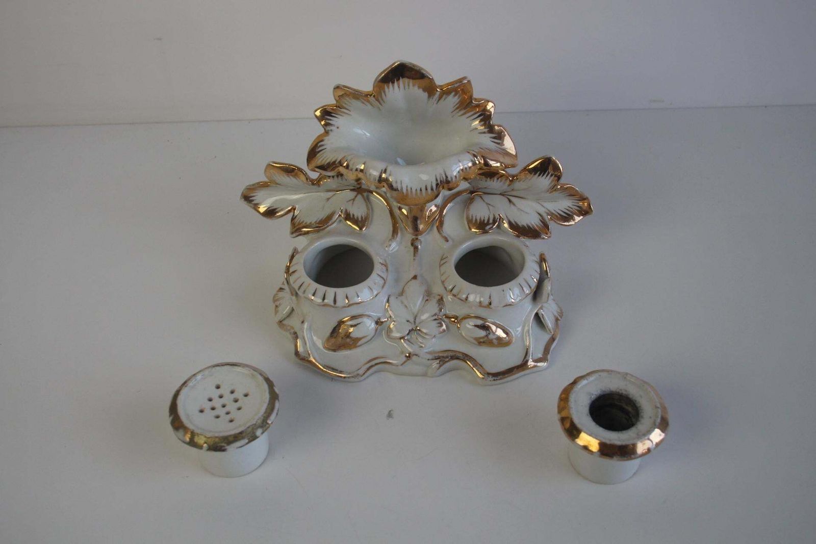 Home Decor Antique Rare Porcelain Inkwell, Hand Painted, Gilded, Circa 1900's. photo