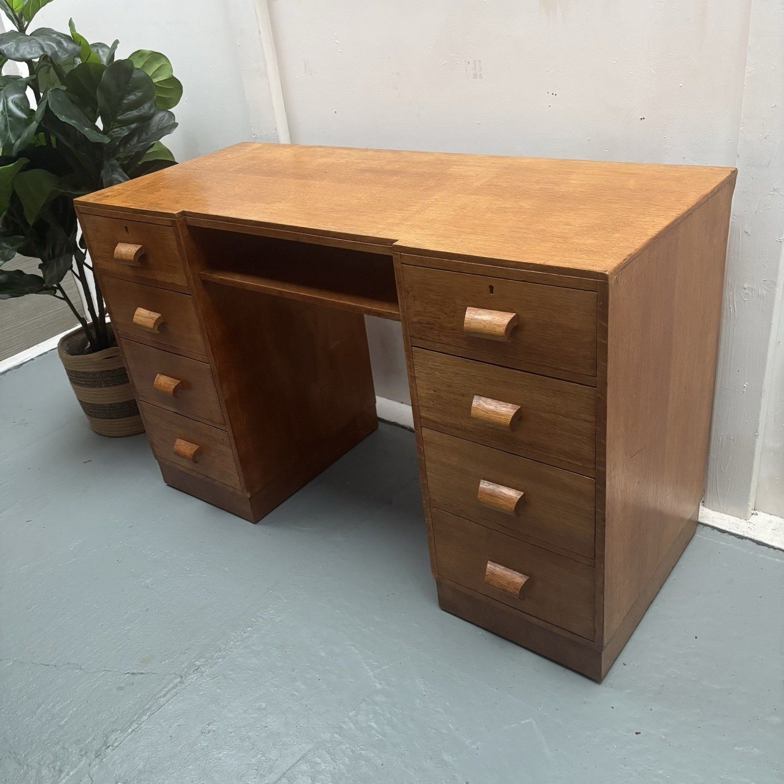 Late 1930s English Oak Art Deco Modernist Twin Pedestal Writing Desk photo furniture