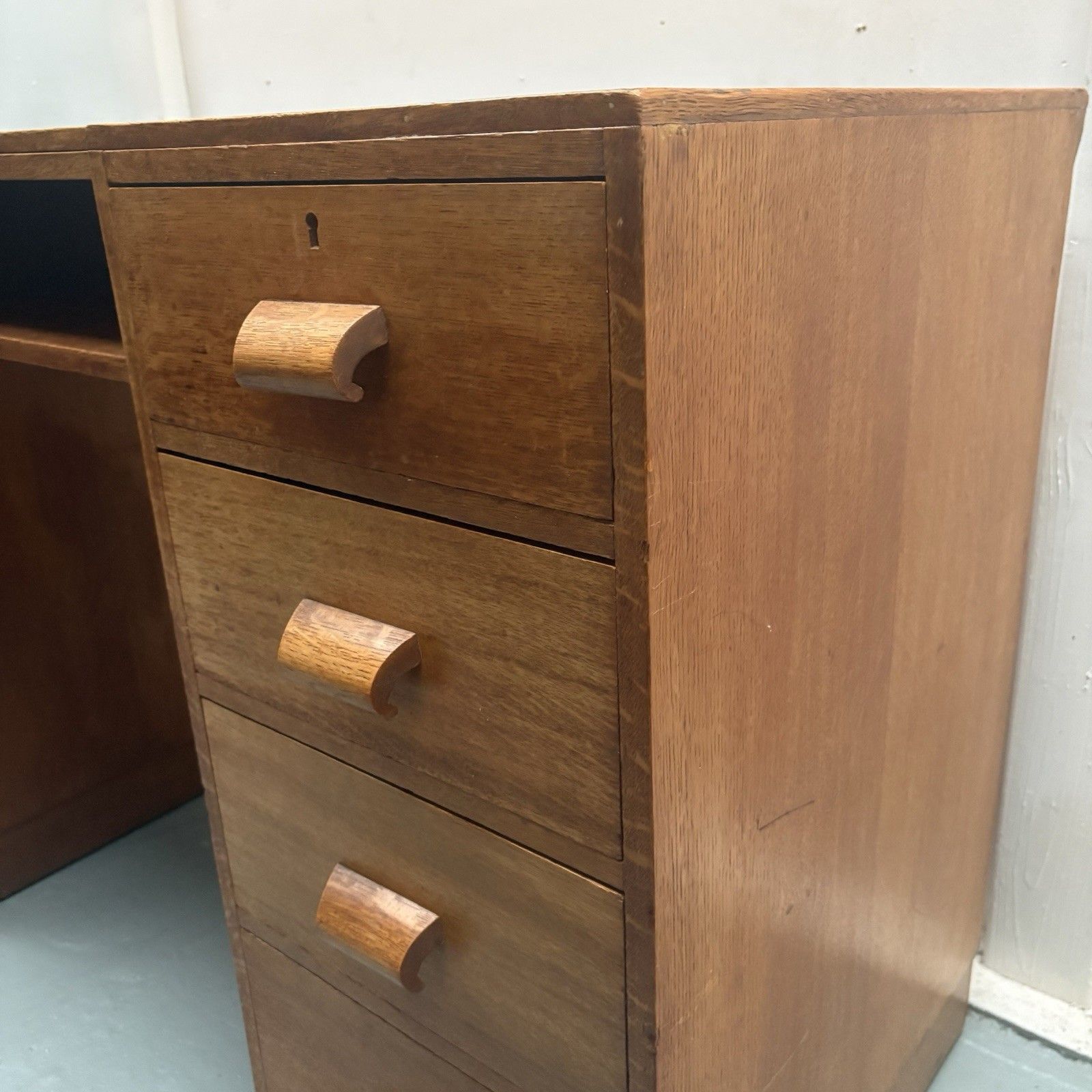 Late 1930s English Oak Art Deco Modernist Twin Pedestal Writing Desk photo Furniture