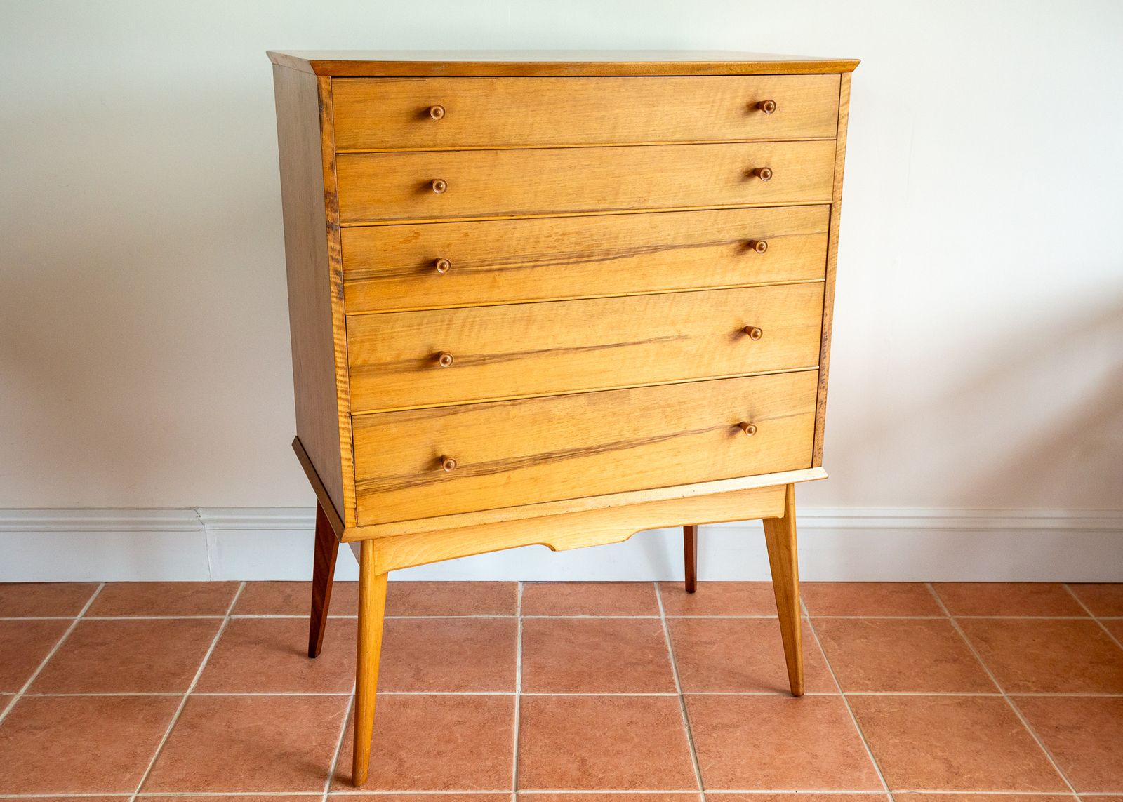 Blonde Mid Century Chest Of Drawers Tallboy Highboy Walnut By Alfred Cox For Heals 1960s Mcm English Satin Stamped photo furniture