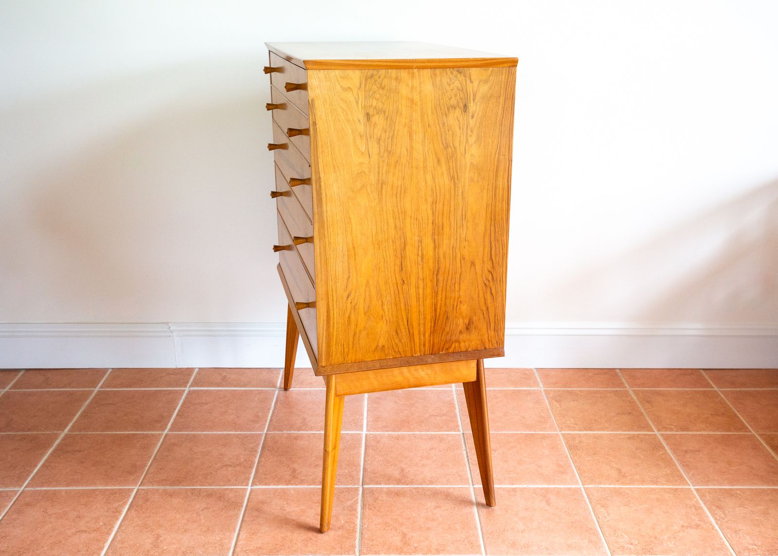 Blonde Mid Century Chest Of Drawers Tallboy Highboy Walnut By Alfred Cox For Heals 1960s Mcm English Satin Stamped photo for sale