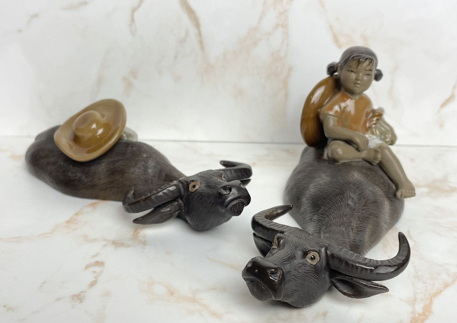 Vintage Pair Mudman Chinese Shiwan Girl With Submerged Water Buffalo Figurines