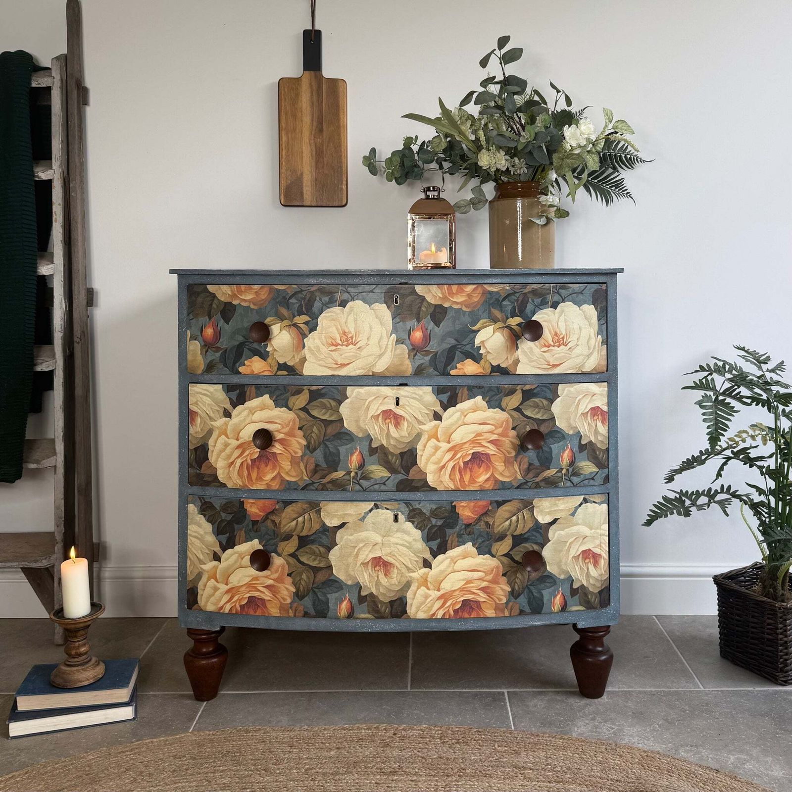 Vintage Bow Fronted Chest Of Drawers Painted Blues And Floral