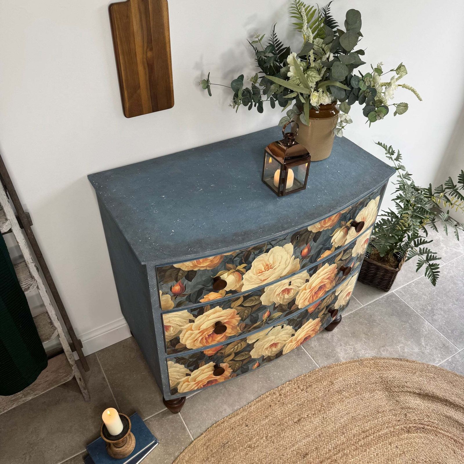 Vintage Bow Fronted Chest Of Drawers Painted Blues And Floral photo vintage