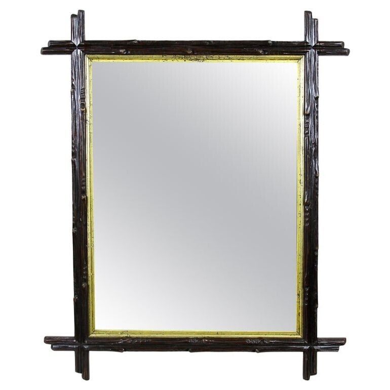 19th Century Black Forest Rustic Mirror, Gilt Bars   Hand Carved, At Ca. 1880
