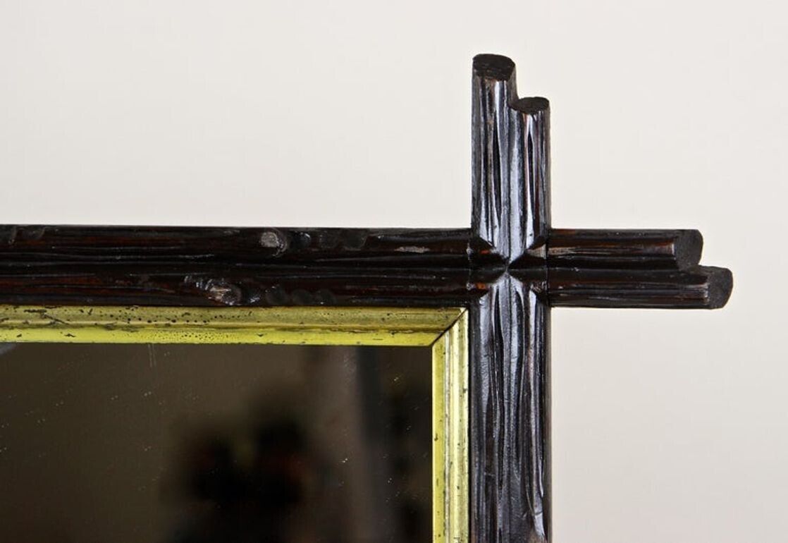 19th Century Black Forest Rustic Mirror, Gilt Bars   Hand Carved, At Ca. 1880 photo vinterior
