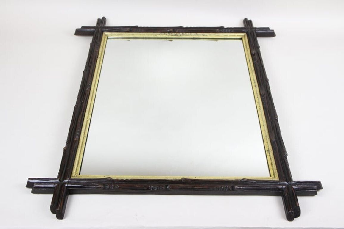 photo for sale 19th Century Black Forest Rustic Mirror, Gilt Bars   Hand Carved, At Ca. 1880