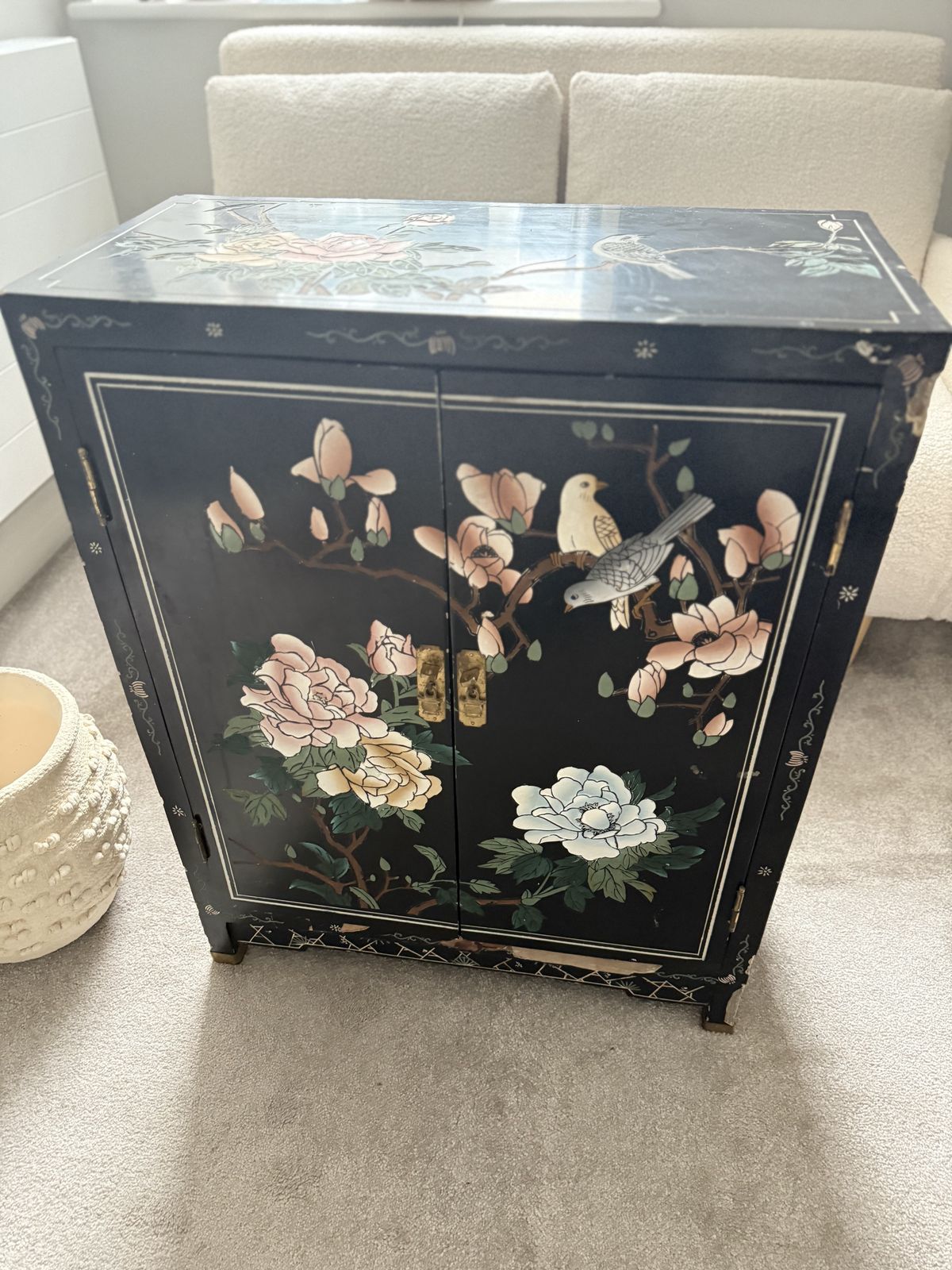 Vintage Japanese Style Hand Painted Lacquer Cabinet With Brass Fittings
