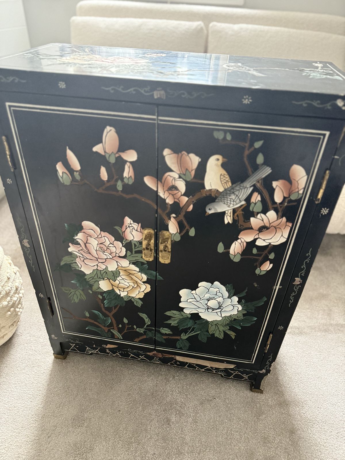Vintage Japanese Style Hand Painted Lacquer Cabinet With Brass Fittings photo Furniture
