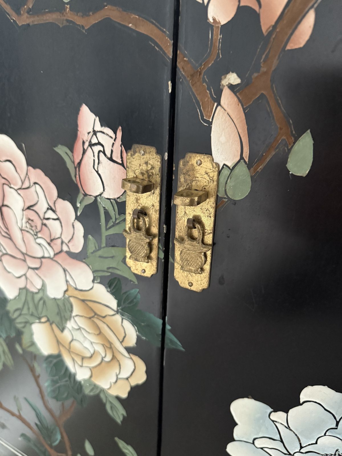 Vintage Japanese Style Hand Painted Lacquer Cabinet With Brass Fittings photo 110.0
