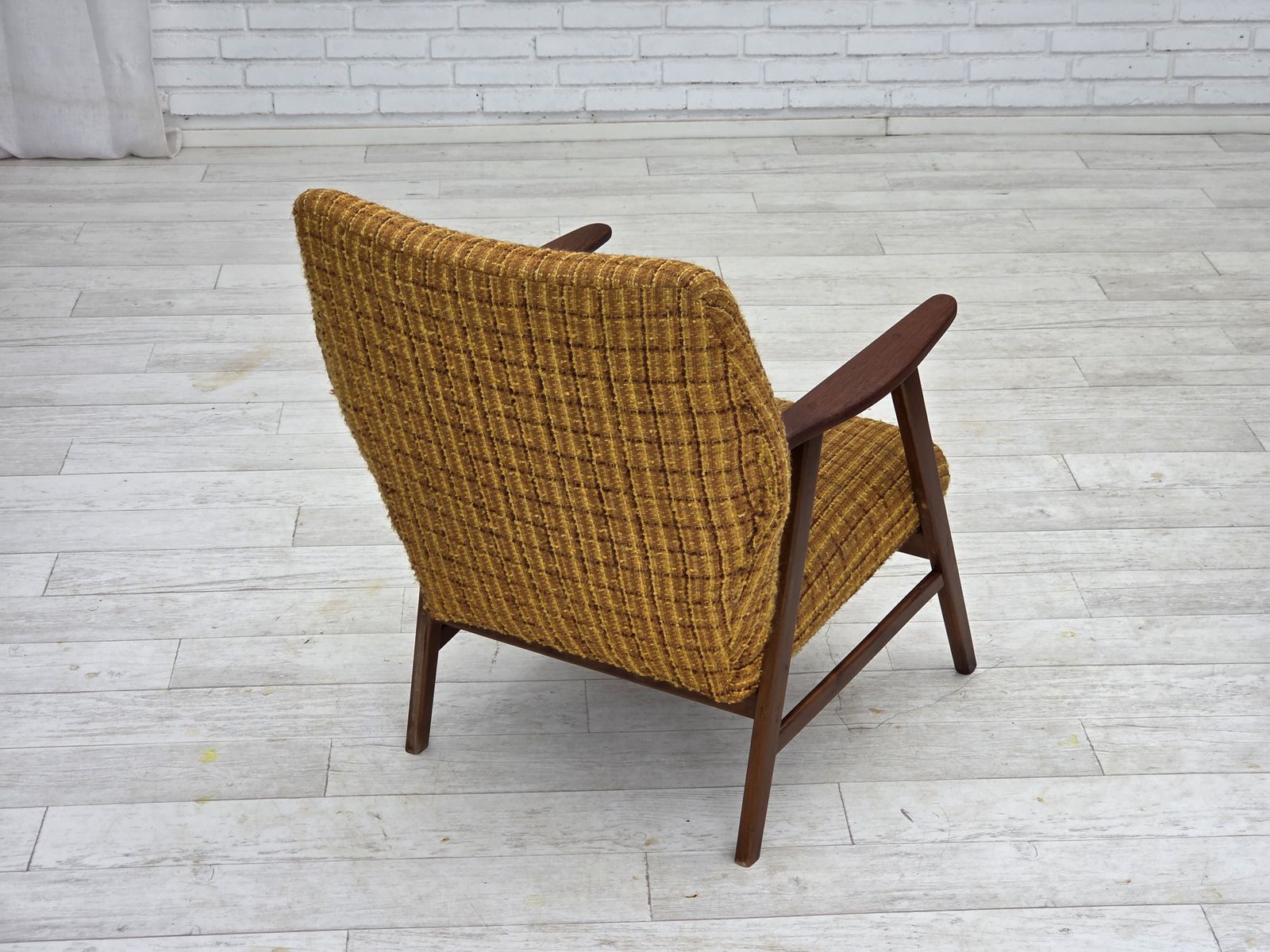 photo furniture 1960s, Danish Armchair, Furniture Wool Fabric, Teak Wood, Oak Wood.