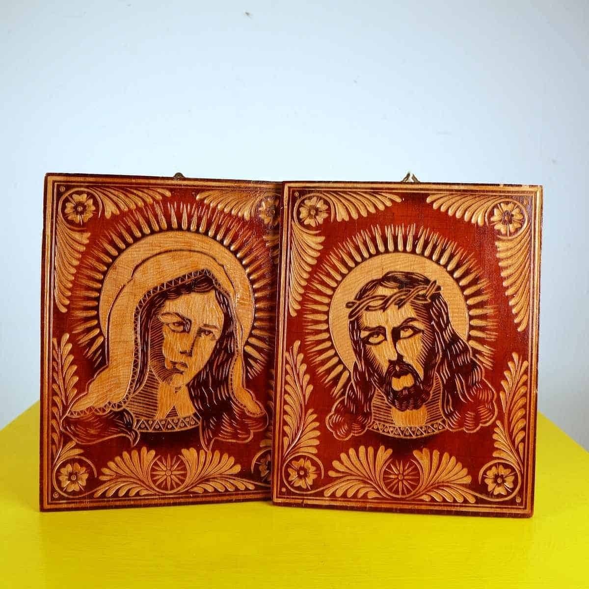 Pair Of Religious Paintings Carved In Wood, Madonna And Jesus photo furniture