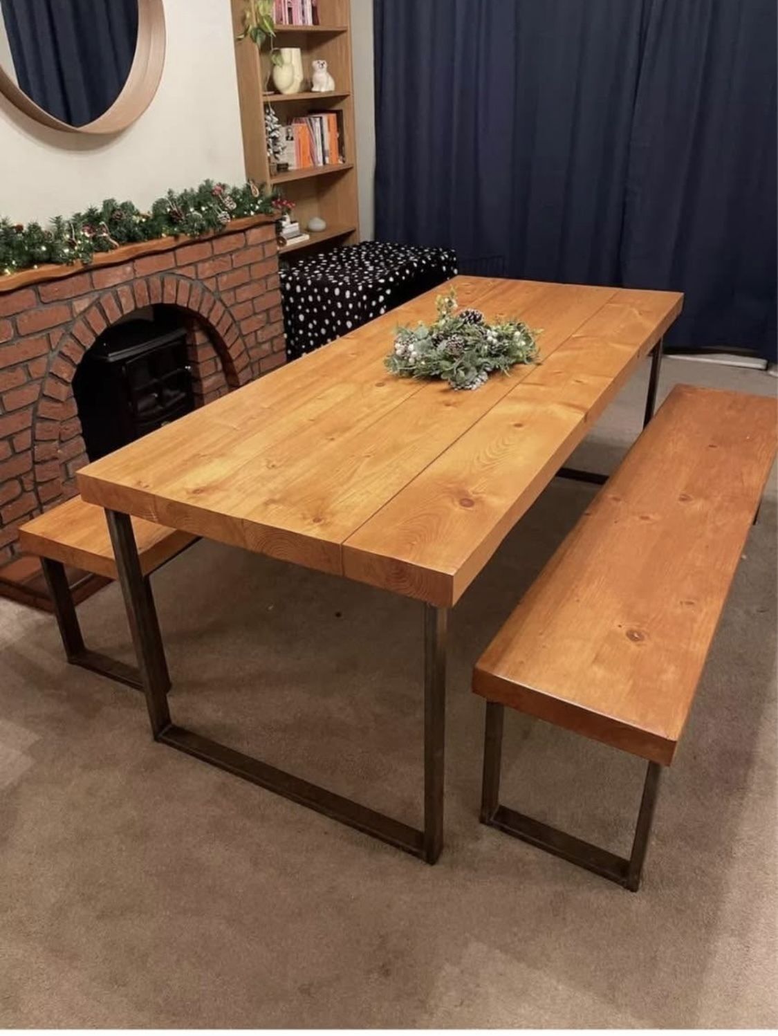 2m Wooden Dining Table & Benches With Metal Legs. Industrial