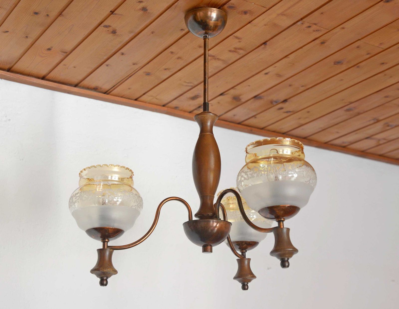 Vintage Pendant Light  / Mid Century Rustic Lamp / Wooden Hanging Lamp / Colonial Chandelier From 1970's photo vinterior