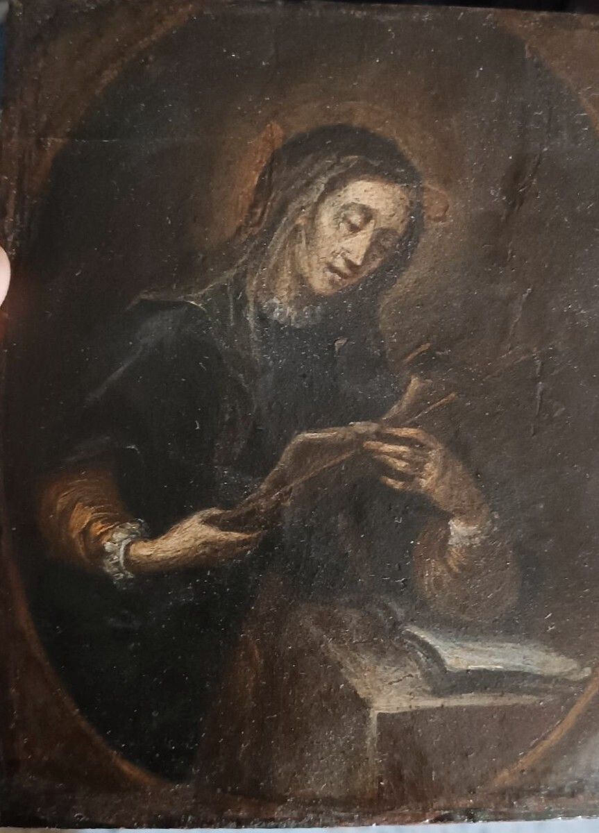 Antique Small Painting On Wood Depicting A Saint Carrying A Crucifix   Italian School, 15th Century photo vinterior