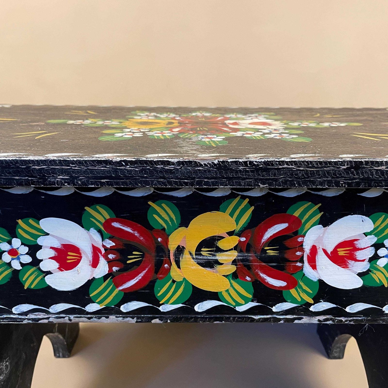 Antique Wooden Hand Painted Wood Table Storage Bedside Patterned Canal Boat Furniture Rectangle Retro Sewing Box Small Coffee Table Handmade photo for sale