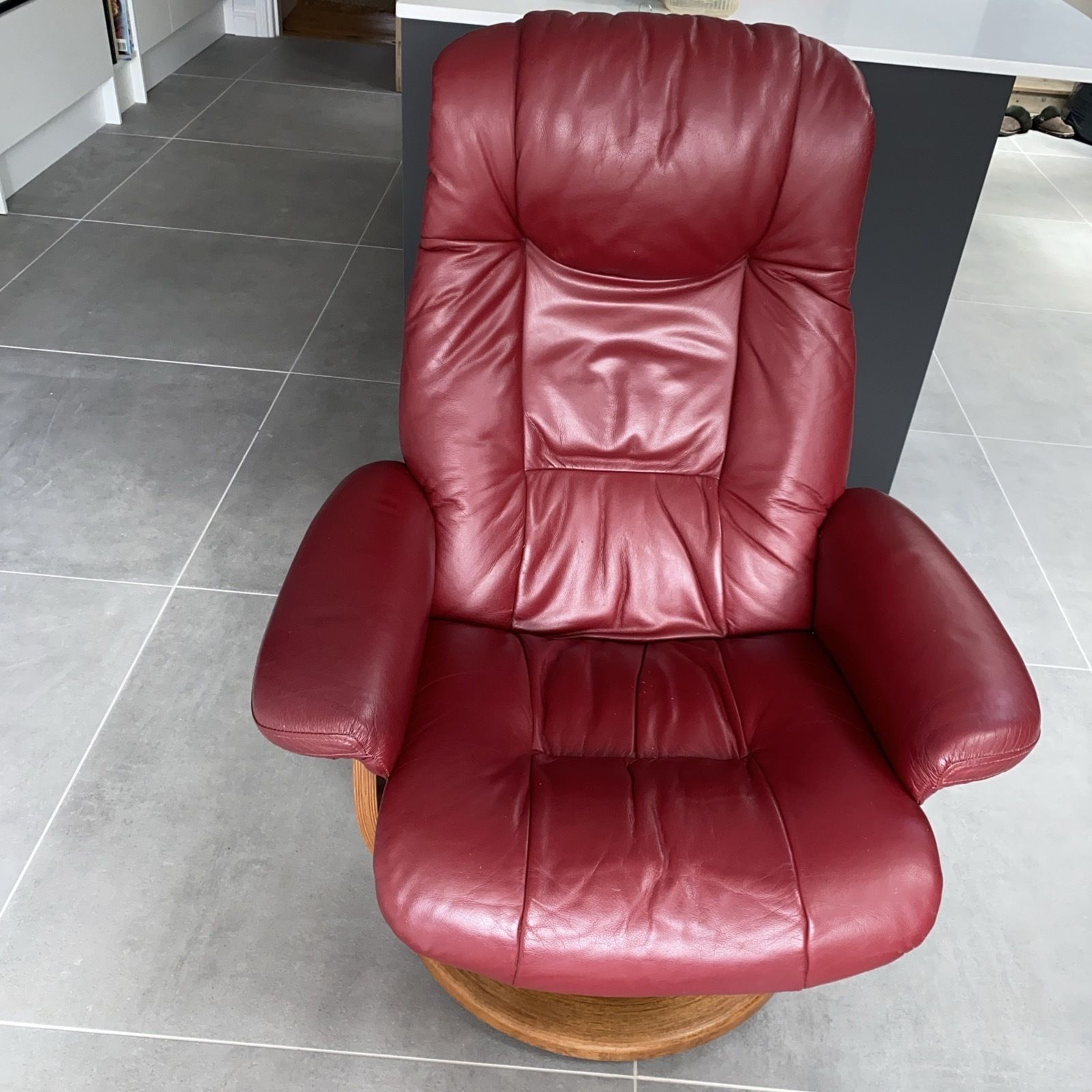 Vintage Danish Somo A/C Red Leather Reclining Chair And Foot Rest