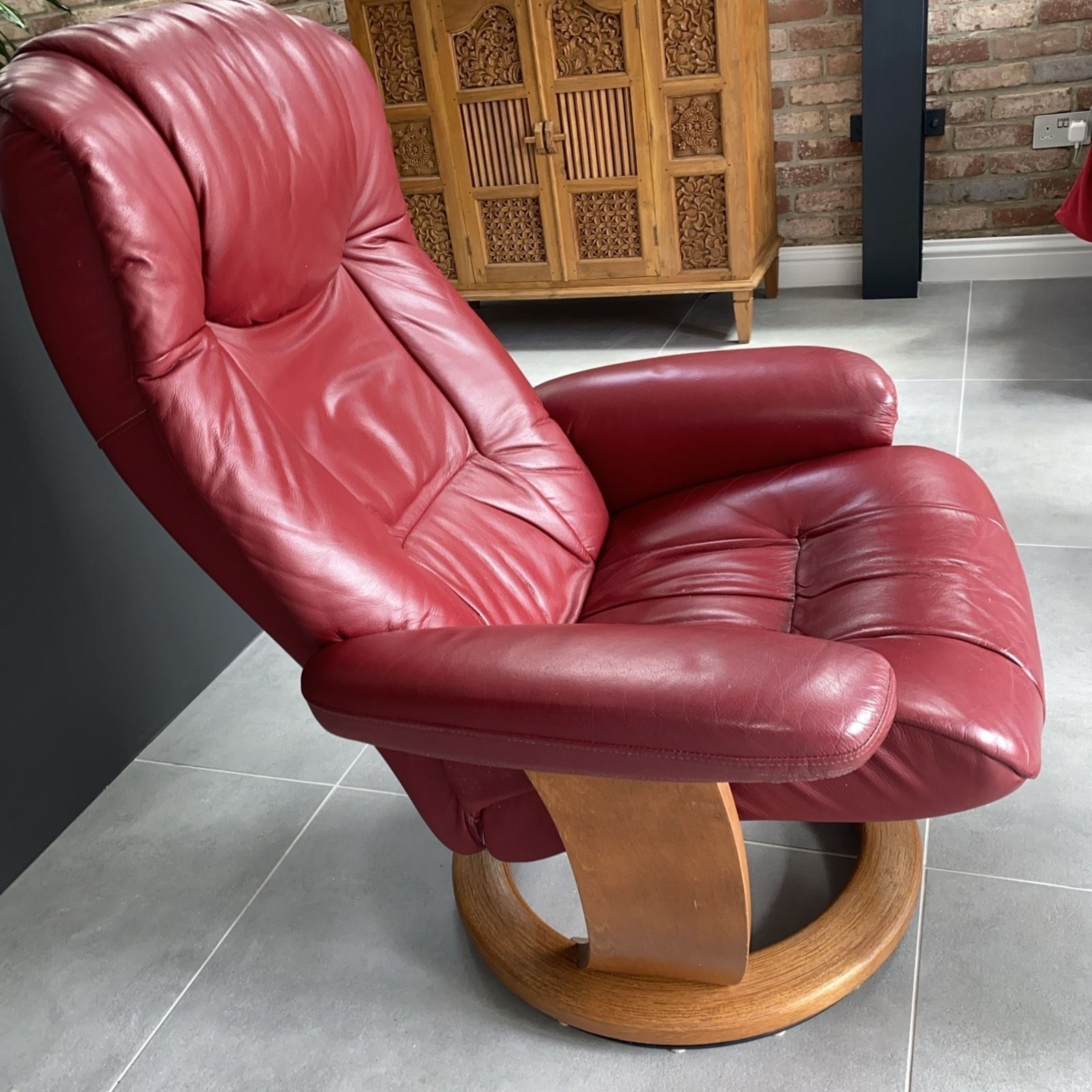 Vintage Danish Somo A/C Red Leather Reclining Chair And Foot Rest photo furniture