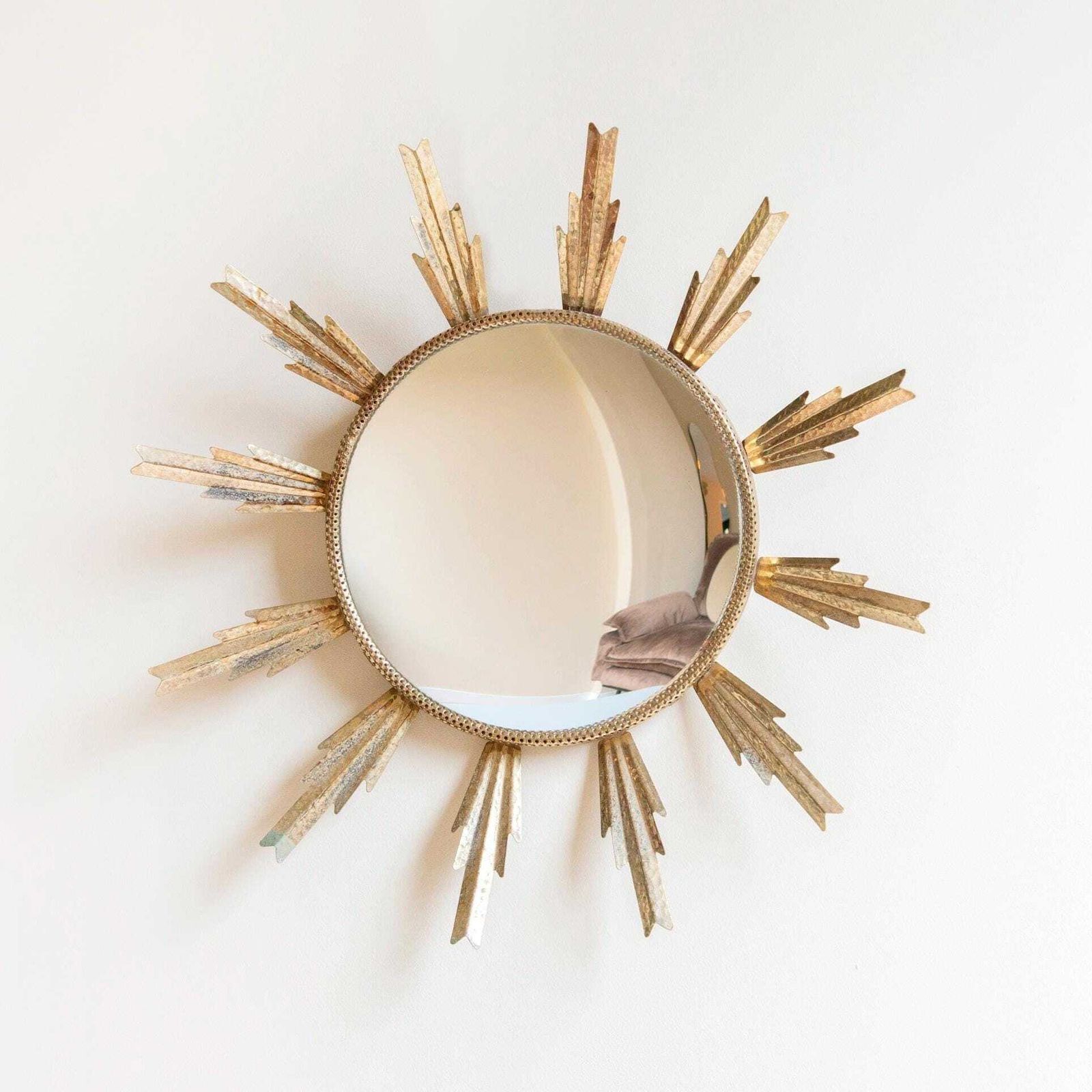 Vintage Sunburst Convex Wall Mirror – 1950s English Golden Bullseye Circle Mirror – Mid Century Retro Decorative Mirror