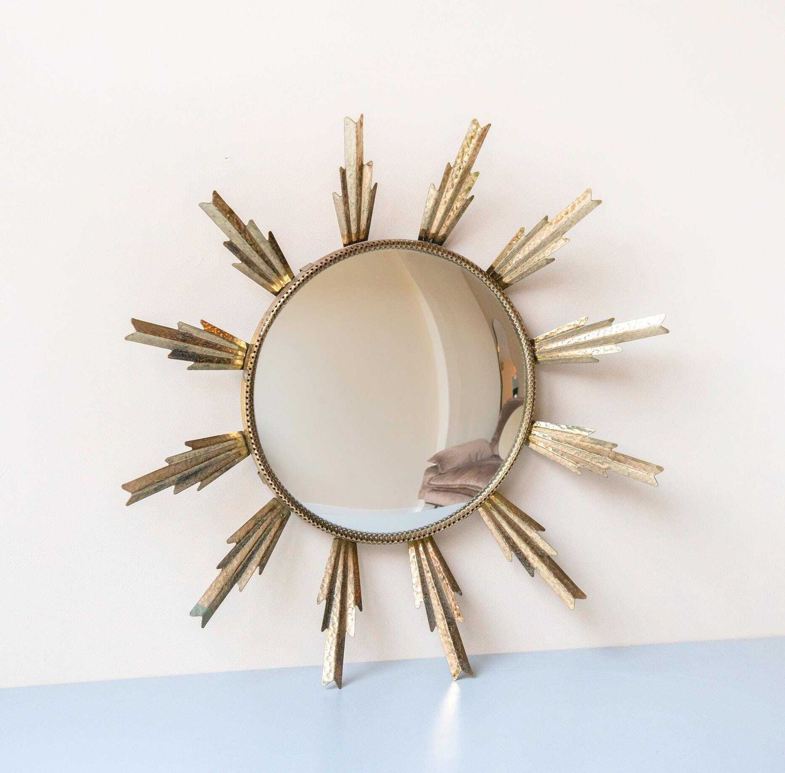 Vintage Sunburst Convex Wall Mirror – 1950s English Golden Bullseye Circle Mirror – Mid Century Retro Decorative Mirror photo furniture