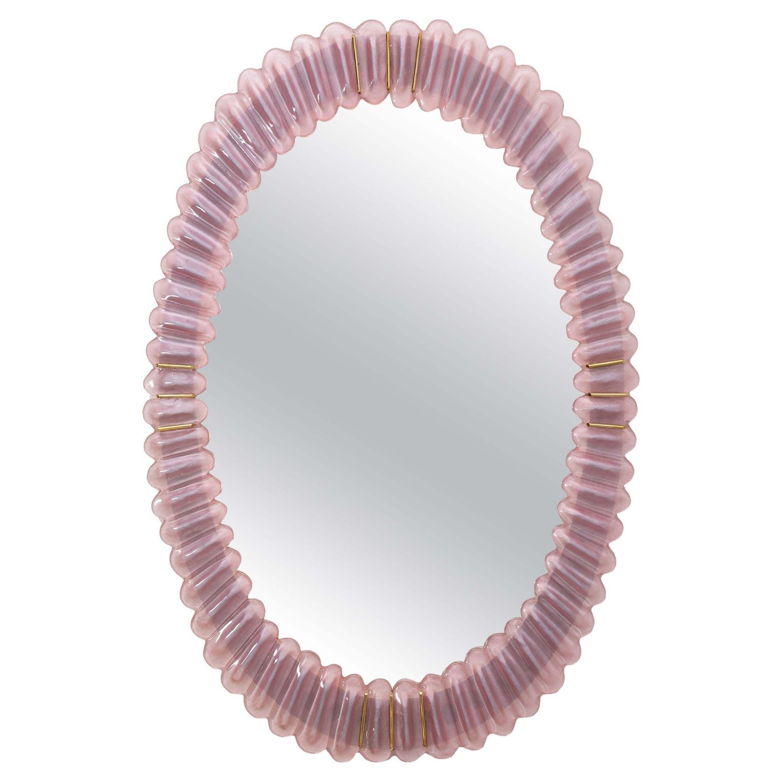 Mid Century Modern Italian Oval Mirror In Brass And Pink Murano Blown Glass