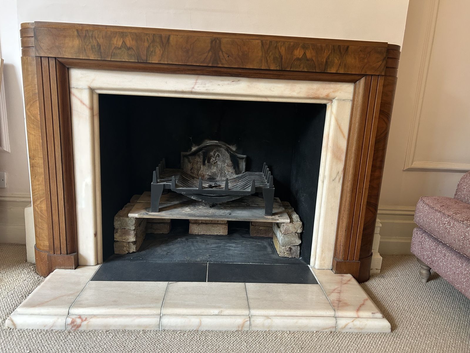 Art Deco Walnut Fire Surround With Pink Marble Hearth And Inset