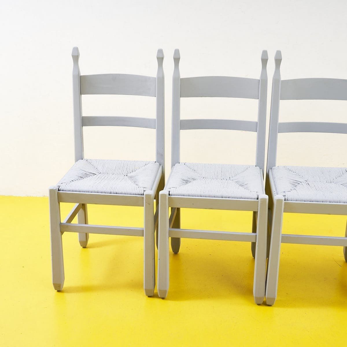 Gray Wooden And Straw Chairs, 4 Pieces photo for sale