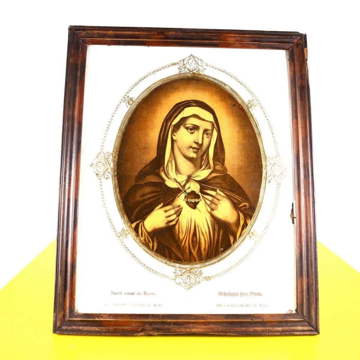 Madonna Painting, Bas Relief Print On Paper With Golden Details And Contemporary Wooden Frame