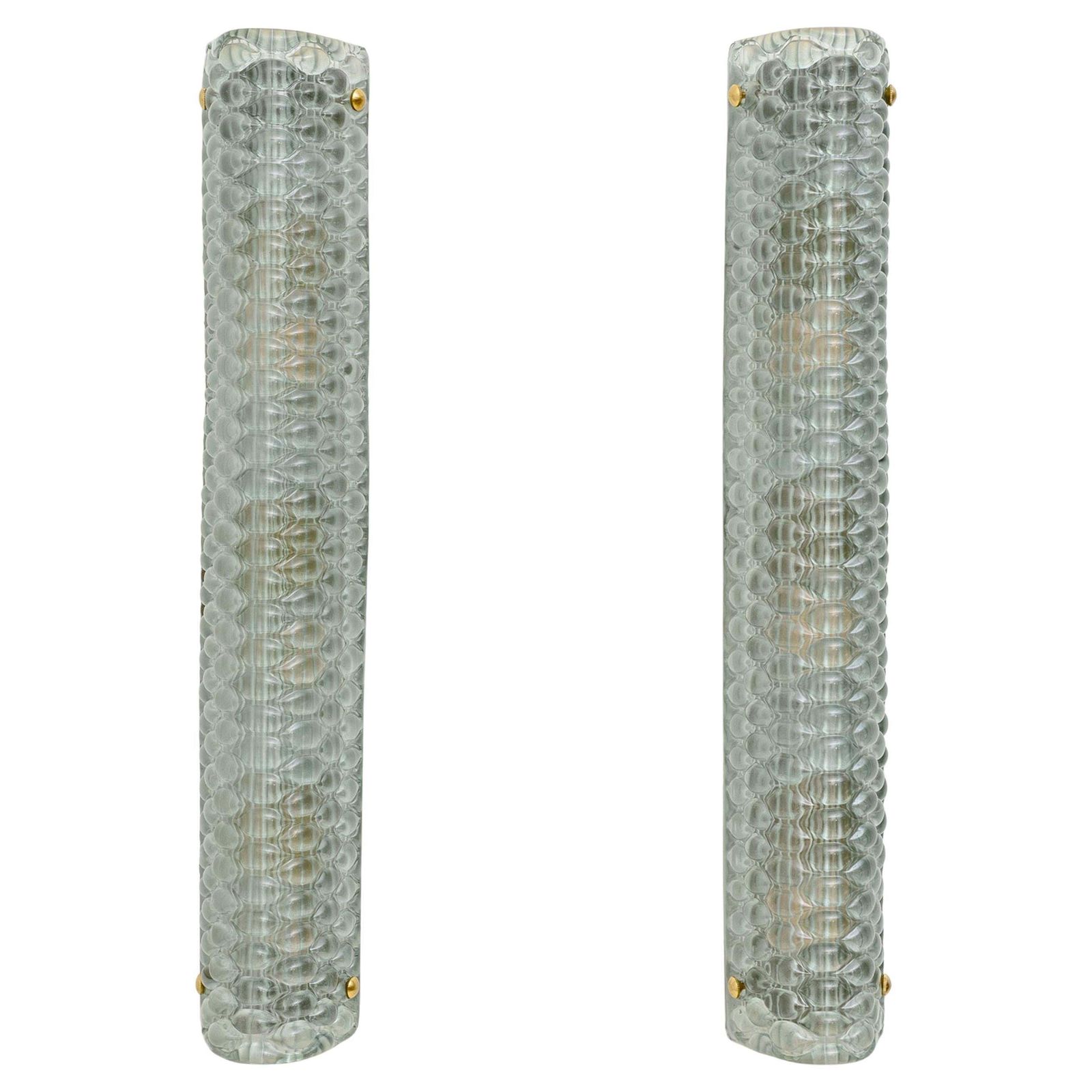 Pair Of Modern Italian Brass And Murano Glass Textured Light Green Wall Sconces