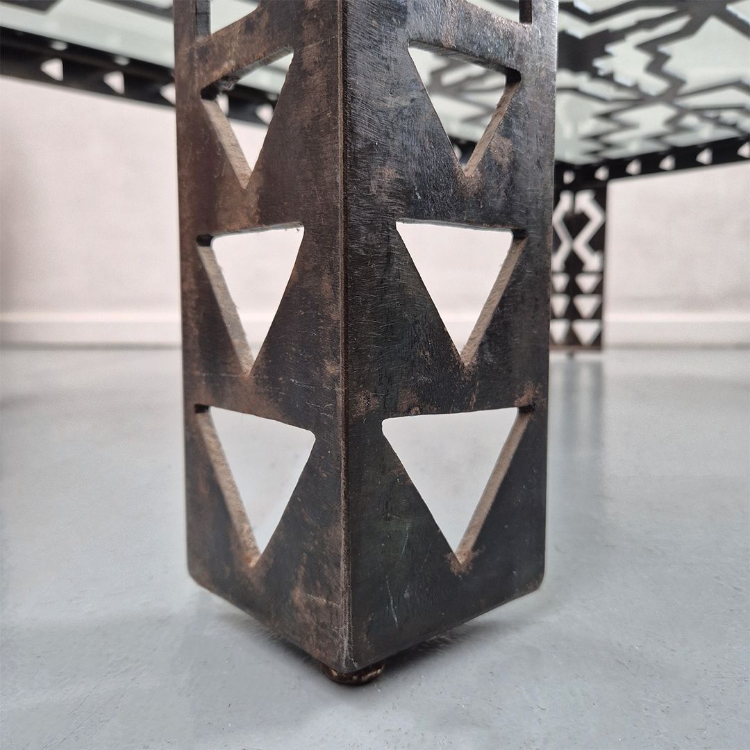 1980's Brutalist Metal + Glass Coffee Table: Postmodern Mid Century Style photo for sale