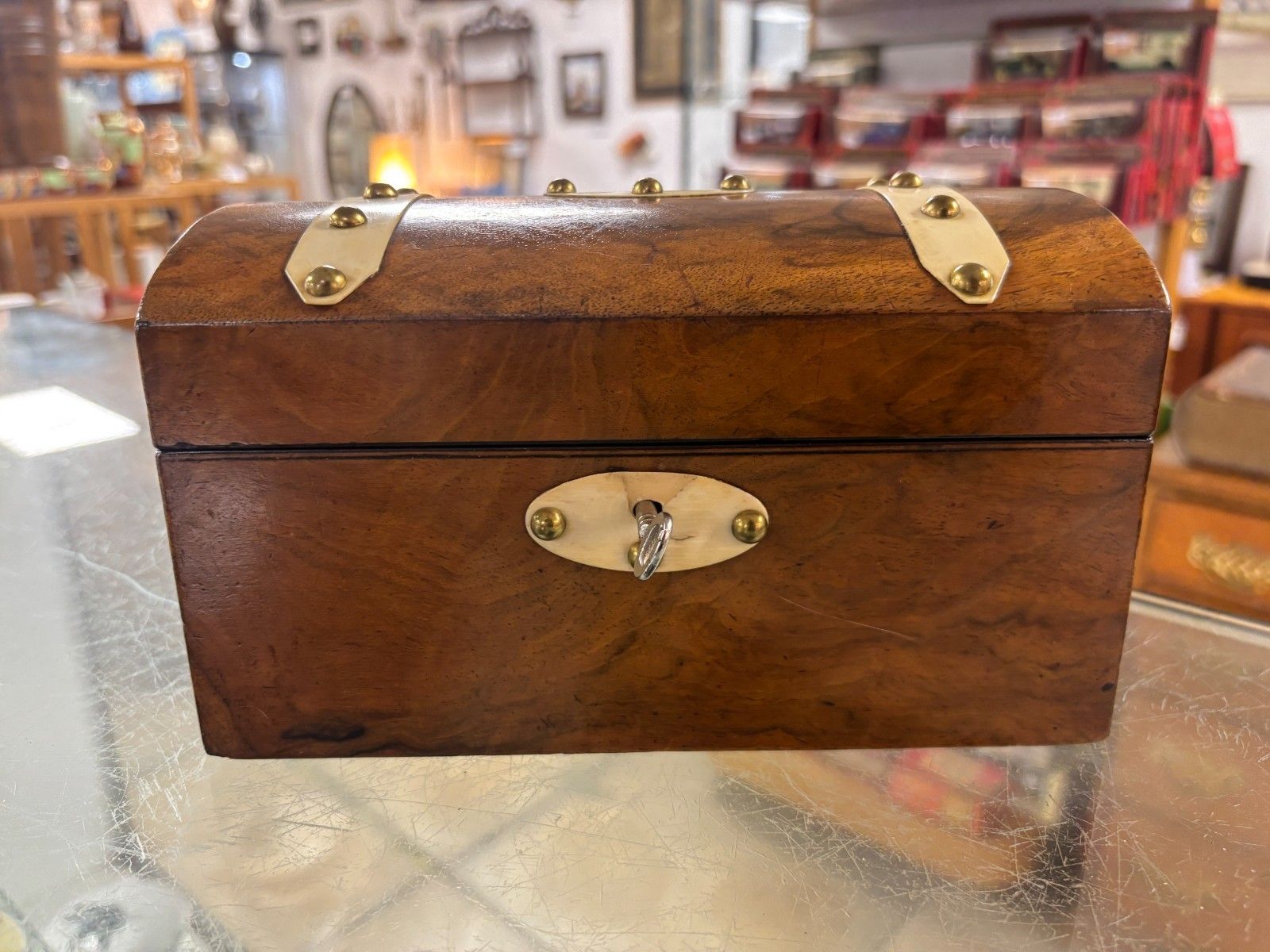 Antique 19th Century English Walnut Tea Caddy With Brass Detailing photo furniture