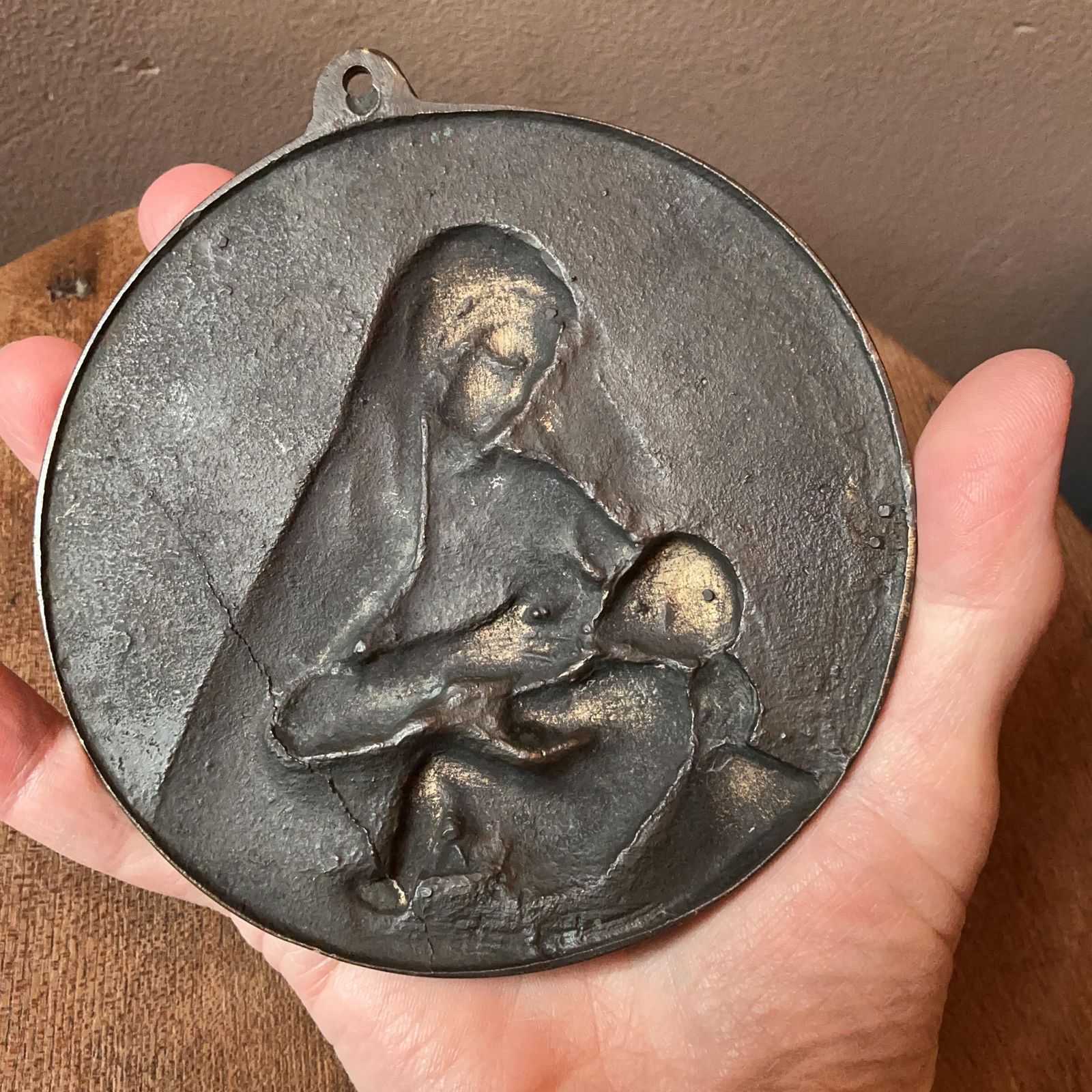 Madonna And Child Bronze Relief Wall Plaque. Heavy Cast Vintage Piece With Fine Detail, Patina. photo Art