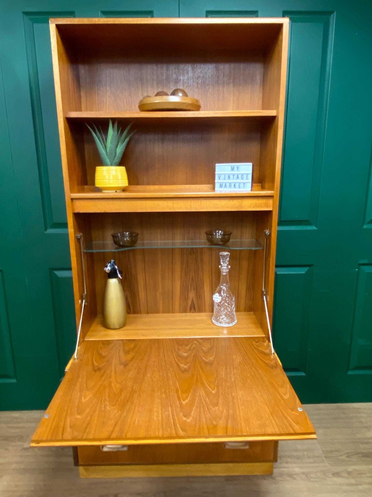 Restored Mid Century 1960s Teak G Plan Glazed Single Wall Unit With Drop Down Cocktail Cabinet photo furniture