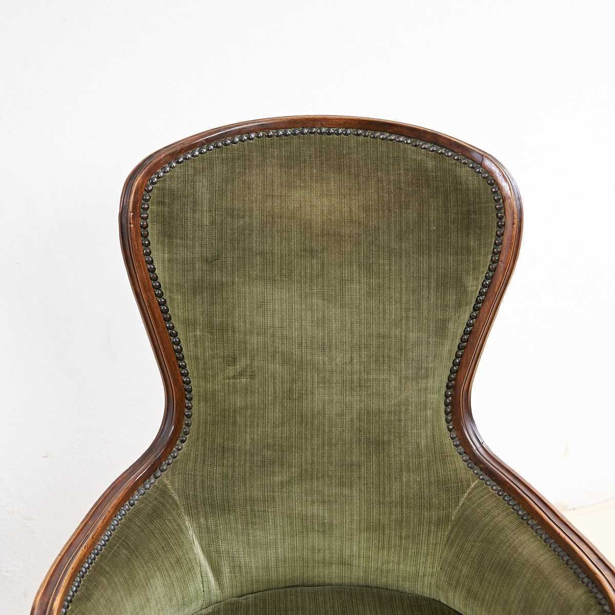Pair Of Antique Walnut Armchairs With Green Velvet Seat photo for sale