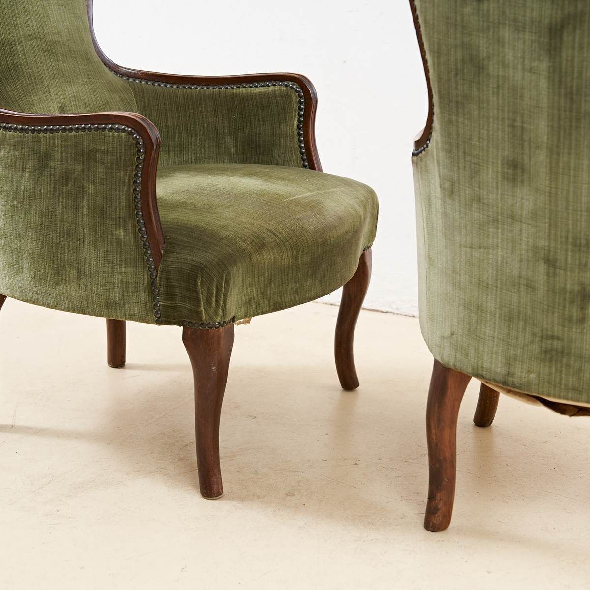 Pair Of Antique Walnut Armchairs With Green Velvet Seat photo vinterior