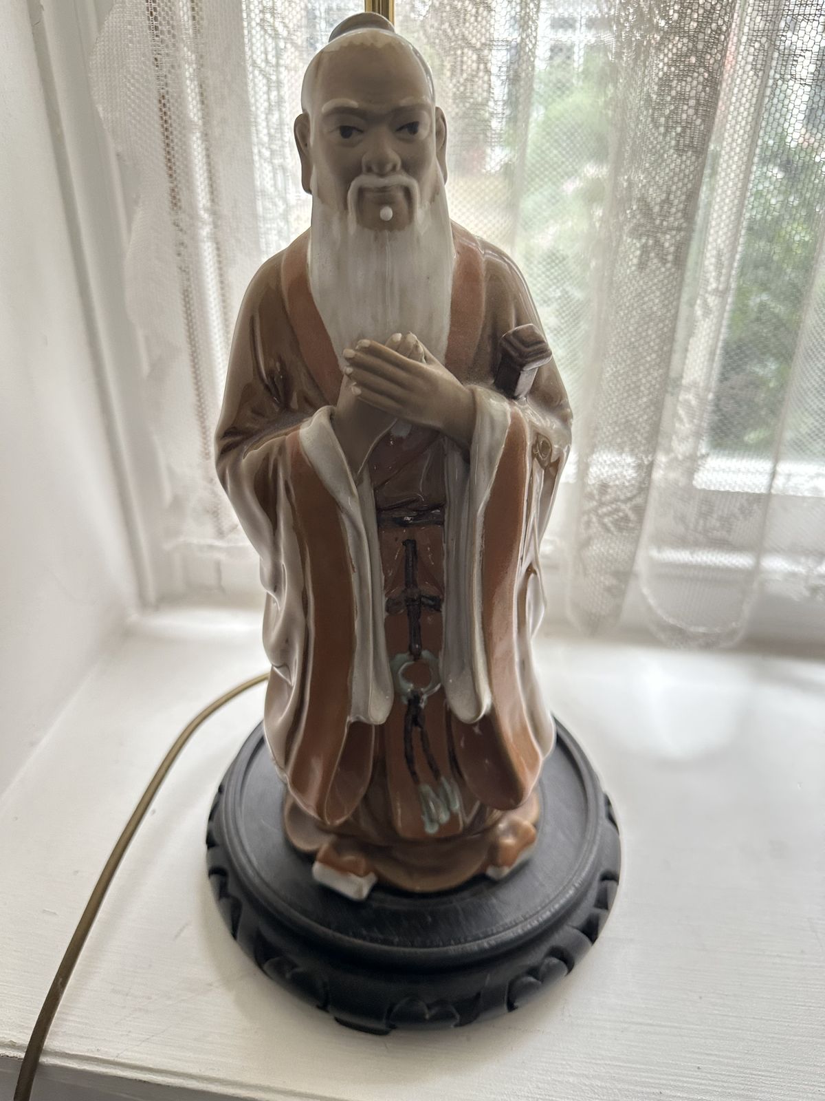 Pair Oriental Ceramic Figurine Lamps Wood Base Chinoiserie Decor
