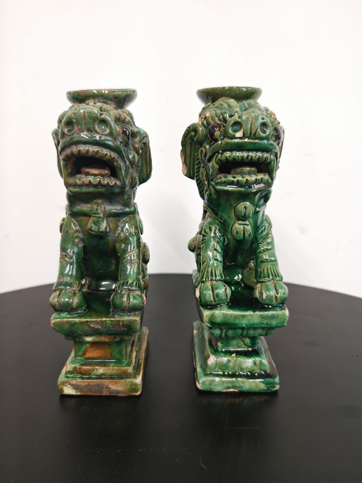 2500.0 Pair Of Antique Foo Dogs Candle Holders In Ceramic, China 19th Century photo