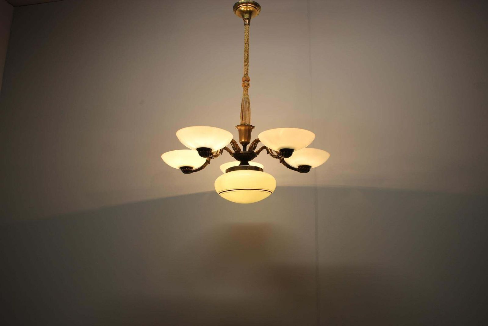 Art Nouveau Brass And Glass Chandelier, 1910s photo vintage