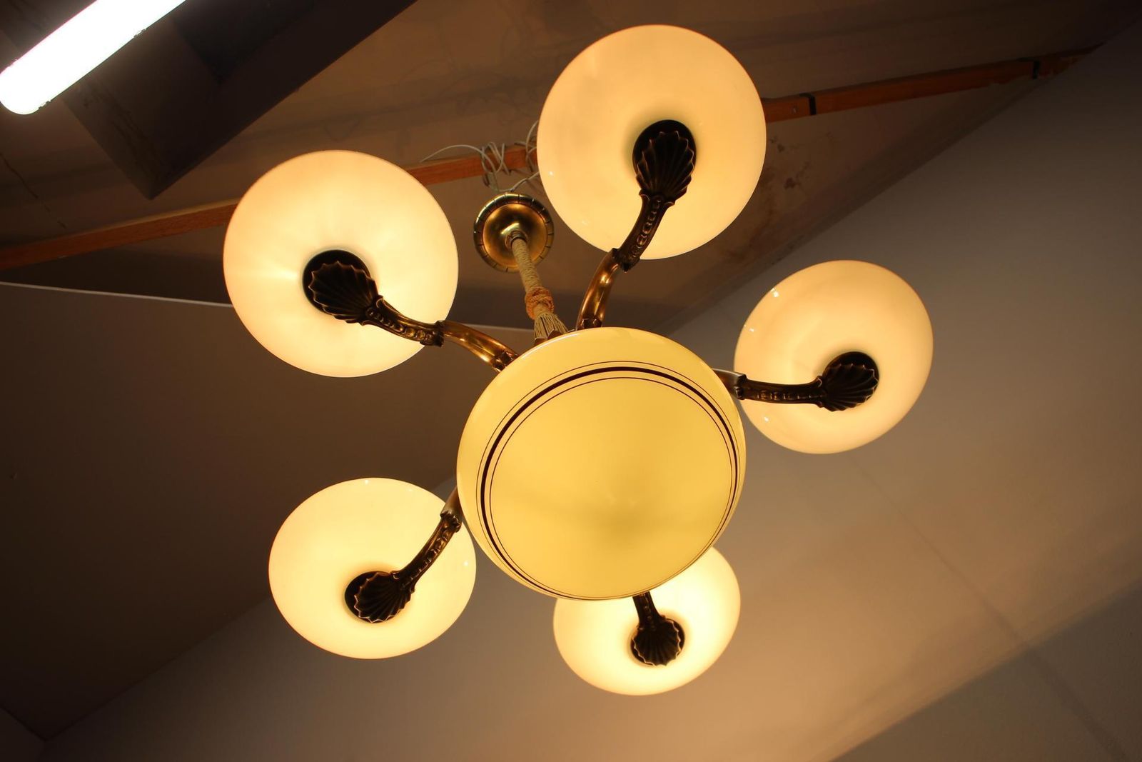 photo for sale Art Nouveau Brass And Glass Chandelier, 1910s