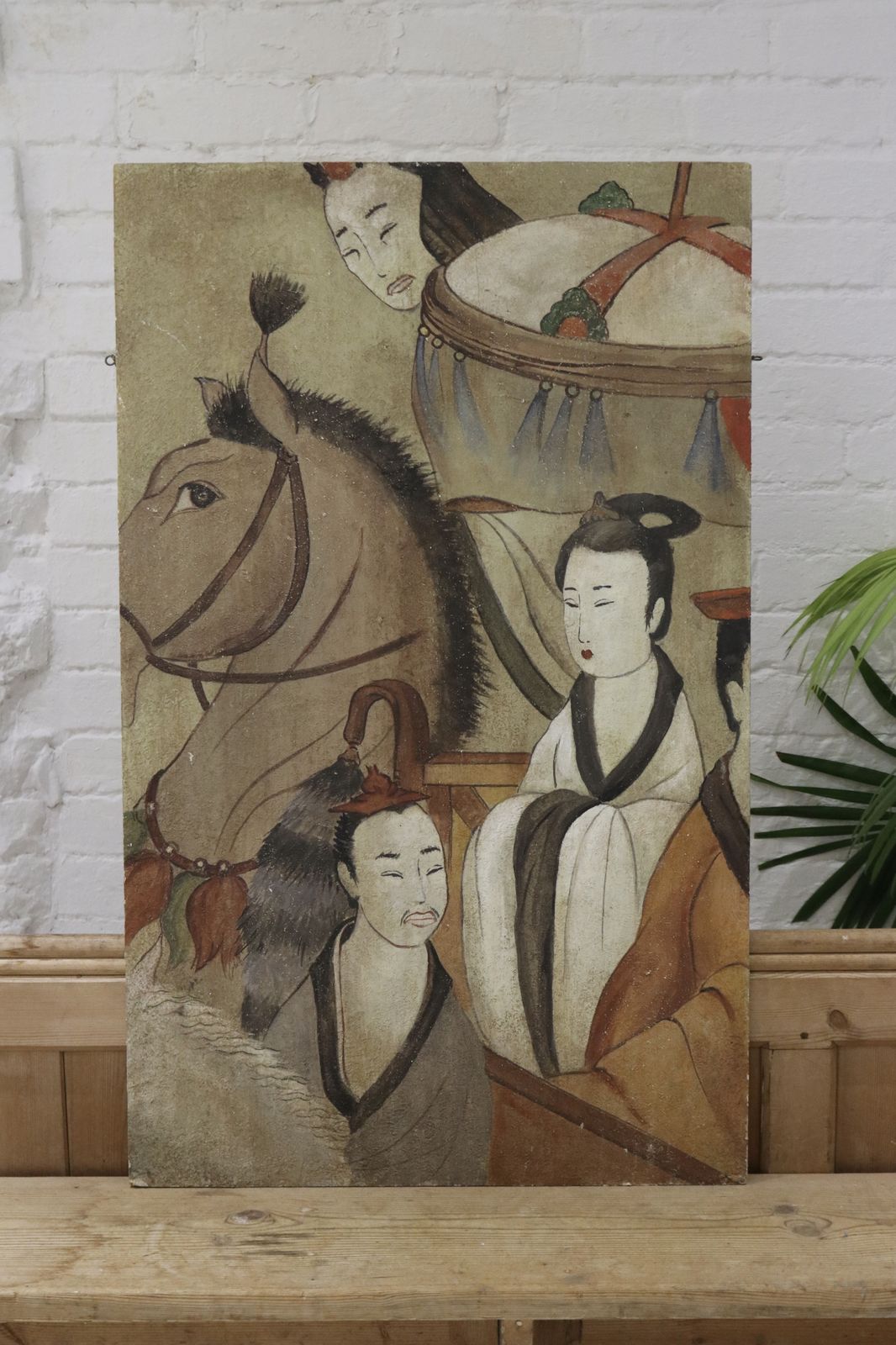 Large Oriental Chinese Painting On Board Horse & Figures photo for sale