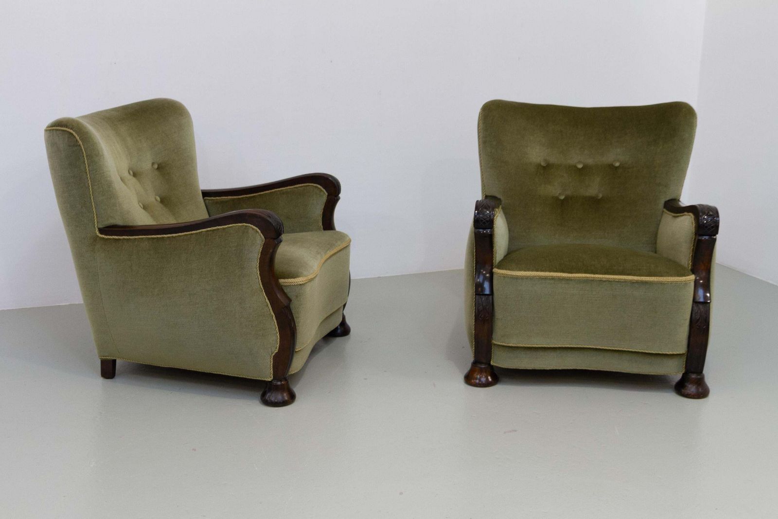 Danish Art Deco Green Velvet Lounge Chairs, 1930s. Set Of 2. photo for sale