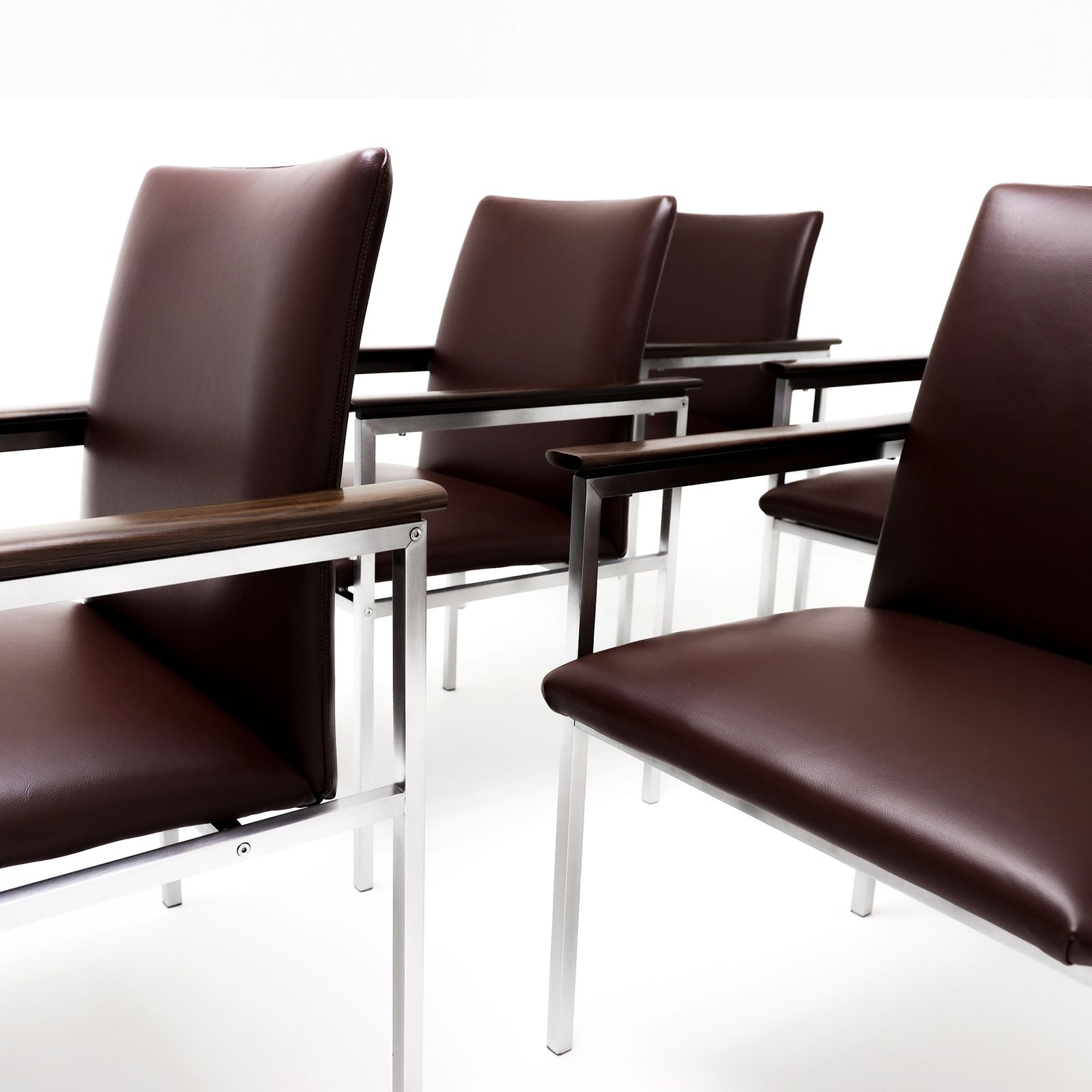 Set Of 6 Sigvard Bernadotte Vintage Danish Armchairs In Brushed Steel, Walnut And Leather photo Furniture