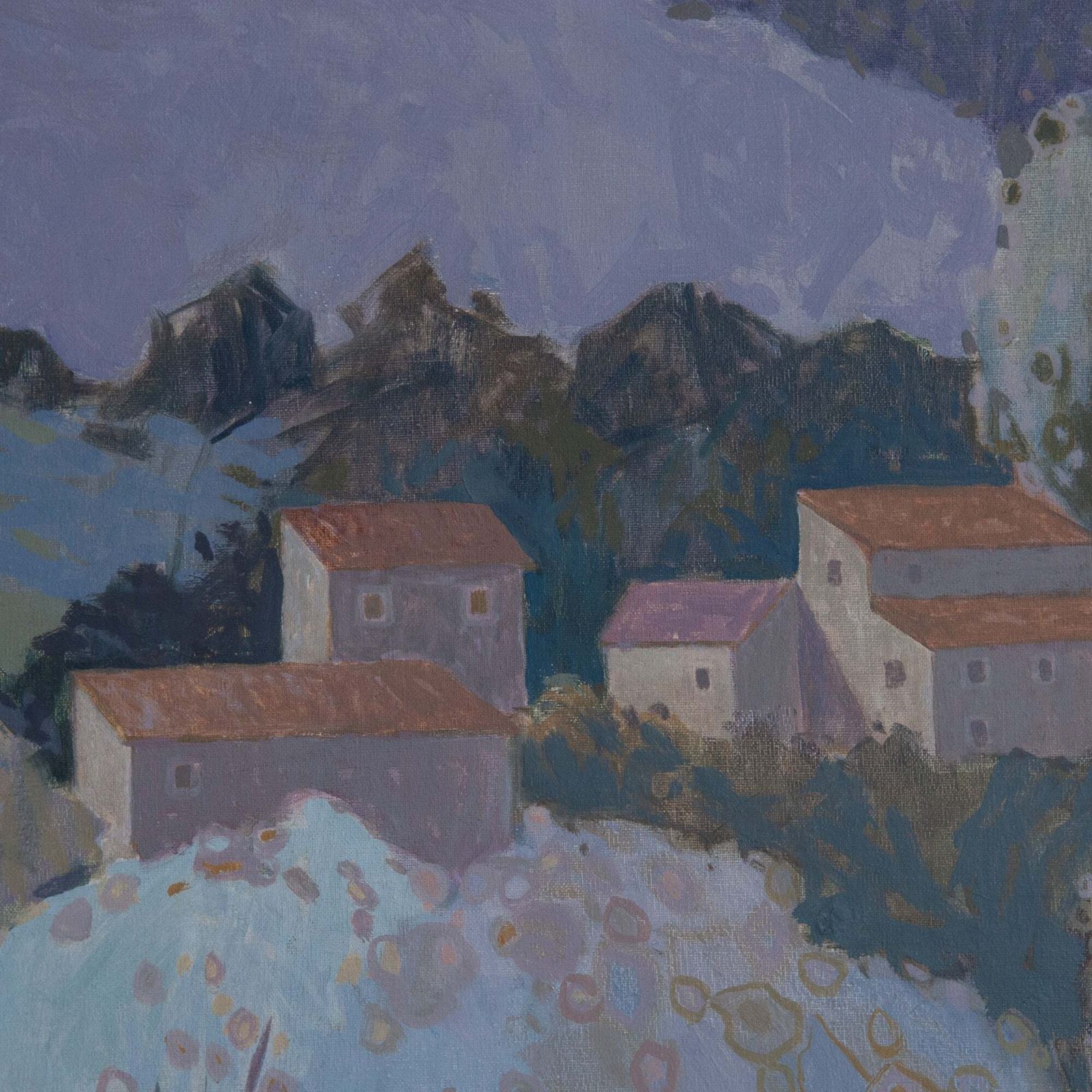 Large Pastel Modernist Village Landscape – Garcia Pitarch   Oil On Canvas photo Art