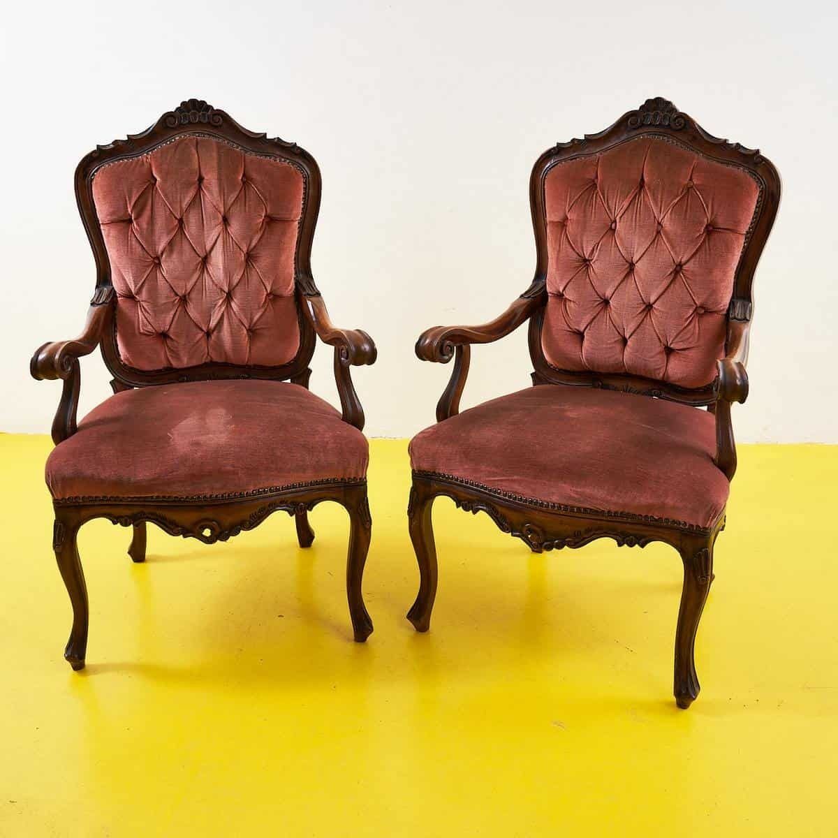 Pair Of Vintage Wooden And Velvet Armchairs