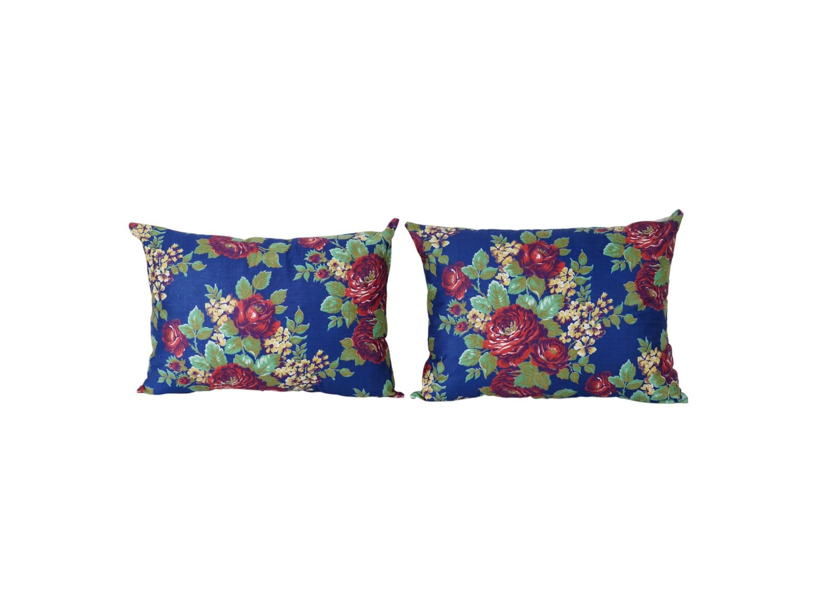 Uzbek Roller Printed Pillow Set In Blue And Red, Set Of Two Floral Cushion Covers, Boho Textile Art