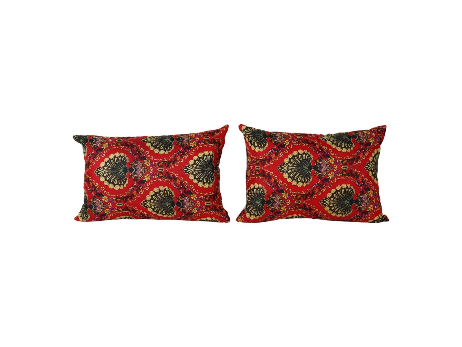Uzbek Roller Printed Lumbar Pillow Cover, Set Of Two Red And Gold Handmade Ethnic Boho Decorative Pillows