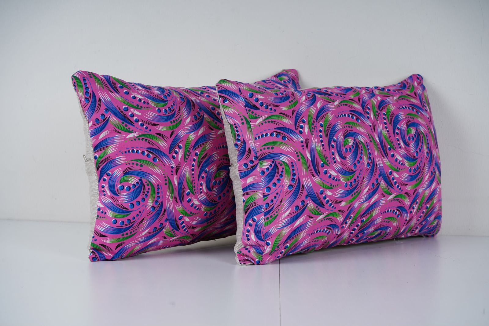 Colorful Pink Uzbek Roller Printed Lumbar Pillow Set, Blue And Purple Swirl Handmade Cushion Covers Decor photo for sale