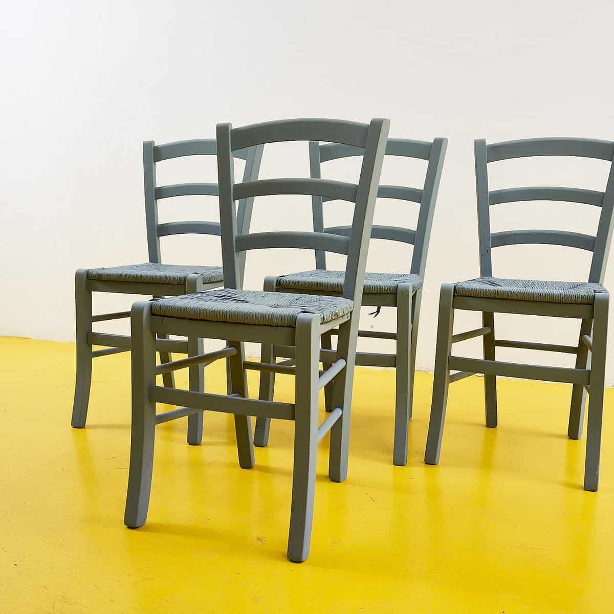 Rustic Wooden Chairs With Straw Seat, Dove Grey, 4 Pieces photo for sale